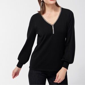 Chico's Caviar Trim V-Neck Pullover Sweater In Black Size X-Large Chico's Size 3